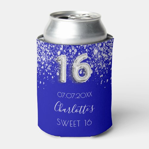 Sweet 16 royal blue silver glitter dust name can cooler