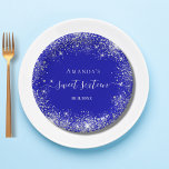 Sweet 16 royal blue silver glitter monogram paper plates<br><div class="desc">For a girly and glamorous Sweet 16,  16th birthday party.  A royal blue background with elegant faux silver dust.  Personalize and add a name and age 21.  White letters. Sweet sixteen is written with a modern hand lettered style script with swashes.</div>