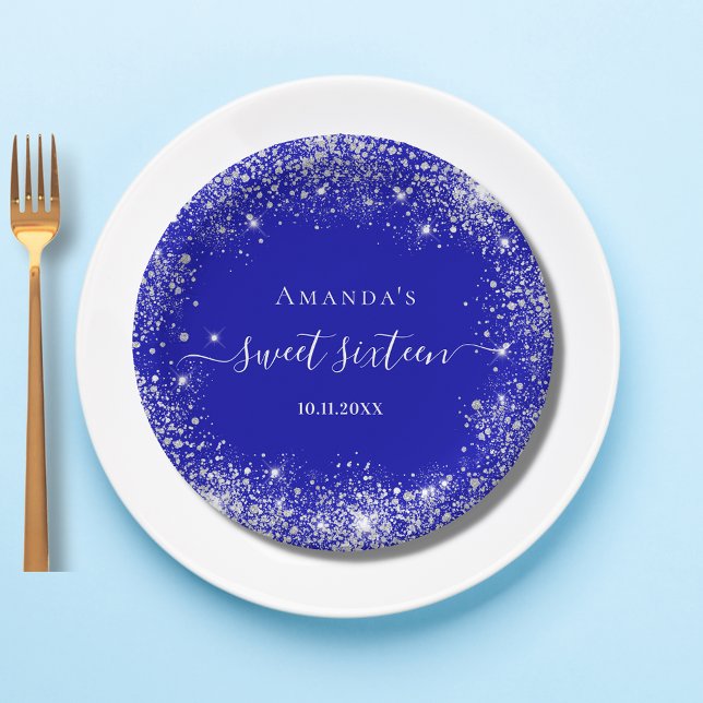 Sweet 16 royal blue silver glitter monogram paper plates (Creator Uploaded)