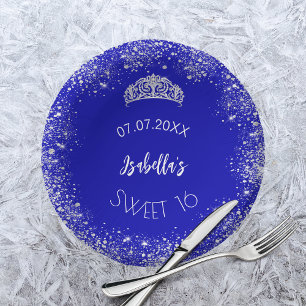 Sweet 16 royal blue silver glitter name paper bowls