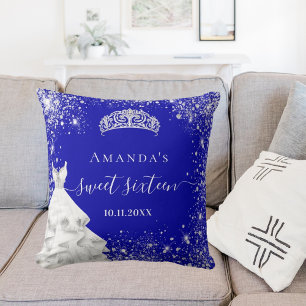 Sweet 16 royal blue silver glitter tiara dress throw pillow