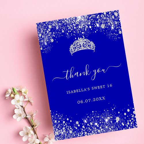 Sweet 16 royal blue silver glitter tiara thank you card