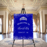 Sweet 16 royal blue silver glitter welcome foam board<br><div class="desc">A welcome board for a girly and glamorous Sweet 16,  16th birthday party.  A royal blue background with elegant faux silver dust and a tiara,  crown.  Personalize and add a name and age.  White letters. The name is written with a modern hand lettered style script.
Back: no design</div>