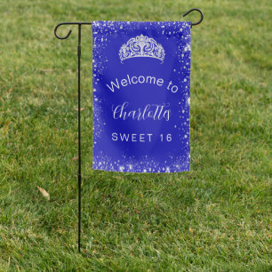 Sweet 16 royal blue silver glitter welcome garden flag