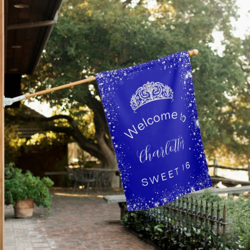 Sweet 16 royal blue silver glitter welcome house flag