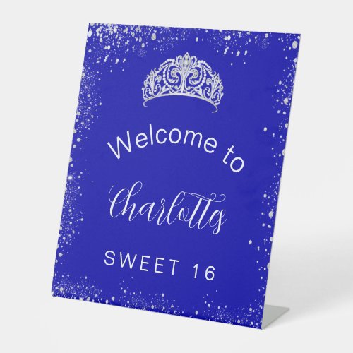 Sweet 16 royal blue silver glitter welcome pedestal sign