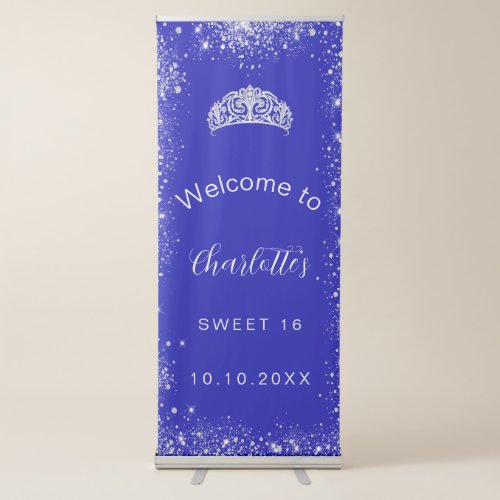 Sweet 16 royal blue silver glitter welcome retractable banner