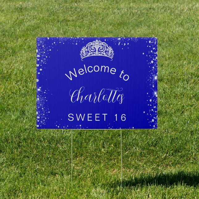 Sweet 16 royal blue silver glitter welcome sign (Insitu)