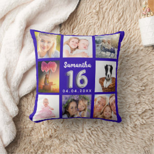 Sweet 16 royal blue silver photo collage throw pillow