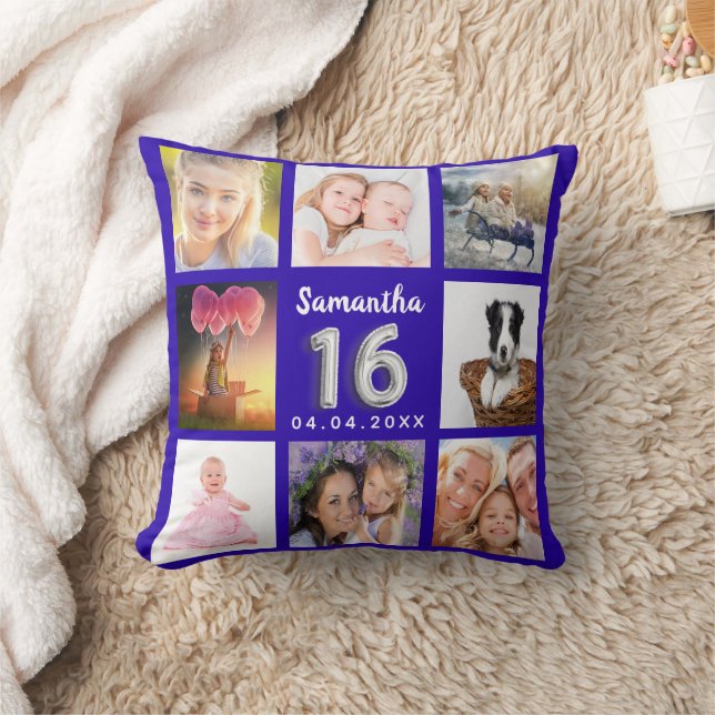 Sweet 16 royal blue silver photo collage throw pillow (Blanket)