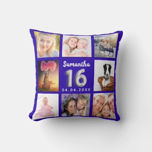 Sweet 16 royal blue silver photo collage throw pillow