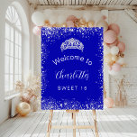 Sweet 16 royal blue silver welcome sign<br><div class="desc">A welcome board for a girly and glamorous Sweet 16,  16th birthday party.  A royal blue background with elegant faux silver confetti and a tiara,  crown.  Personalize and add a name and age.  White letters. The name is written with a modern hand lettered style script.
Back: no design</div>