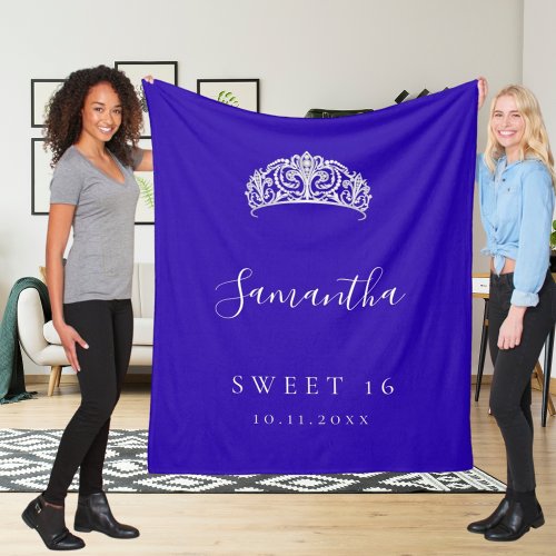 Sweet 16 royal blue tiara crown name fleece blanket