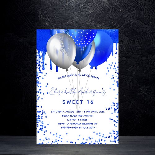 Sweet 16 royal blue white balloons glitter drips invitation