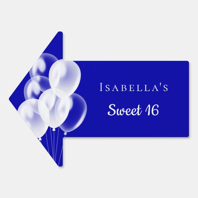 Sweet 16 royal blue white balloons name arrow sign (Front)
