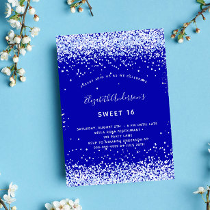 Sweet 16 royal blue white glamorous invitation