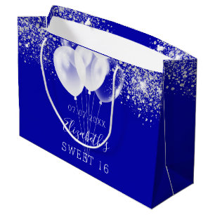 Sweet 16 royal blue white glitter balloons large gift bag