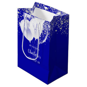 Sweet 16 royal blue white glitter balloons name medium gift bag