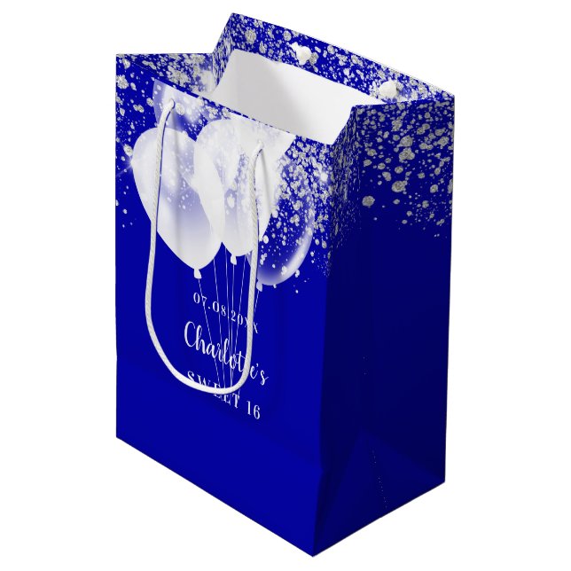 Sweet 16 royal blue white glitter balloons name medium gift bag (Front Angled)