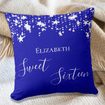 Sweet 16 royal blue white stars name throw pillow<br><div class="desc">A pillow for a Sweet 16,  16th years old girls room. A royal blue background decorated with white stars. The text: Sweet Sixteen is written in white with a large modern hand lettered style script. Personalize and add a name.</div>