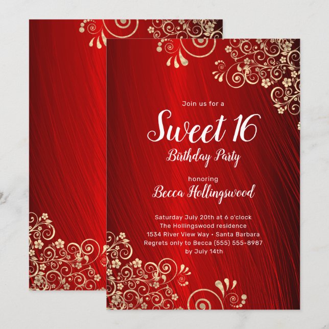 Sweet 16 Ruby Red Gold Swirls Party  Invitation (Front/Back)
