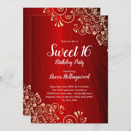 Sweet 16 Ruby Red Gold Swirls Party  Invitation
