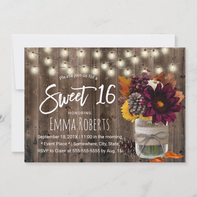 Sweet 16 Rustic Autumn Floral Jar Barn Wood Invitation (Front)