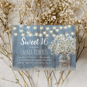 Sweet 16 Rustic Babys Breath Floral Jar Dusty Blue Invitation