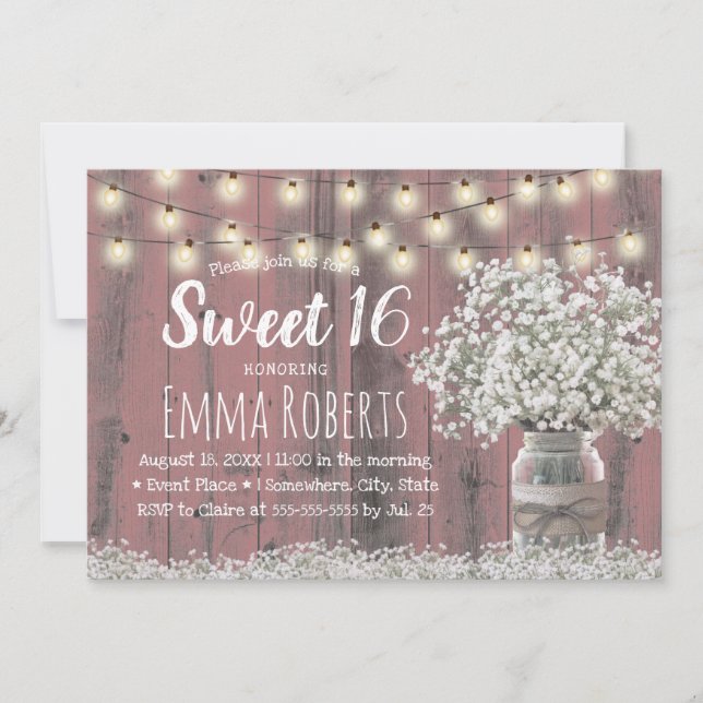 Sweet 16 Rustic Babys Breath Floral Jar Pink Wood Invitation (Front)