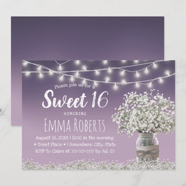 Sweet 16 Rustic Babys Breath Flowers Dusty Purple  Invitation (Front/Back)