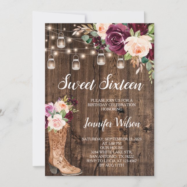 Sweet 16 Rustic Boho Floral String Lights Invitati Invitation (Front)