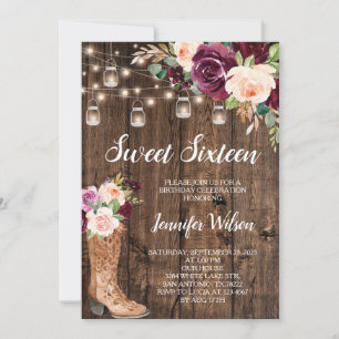Sweet 16 Rustic Boho Floral String Lights Invitati Invitation