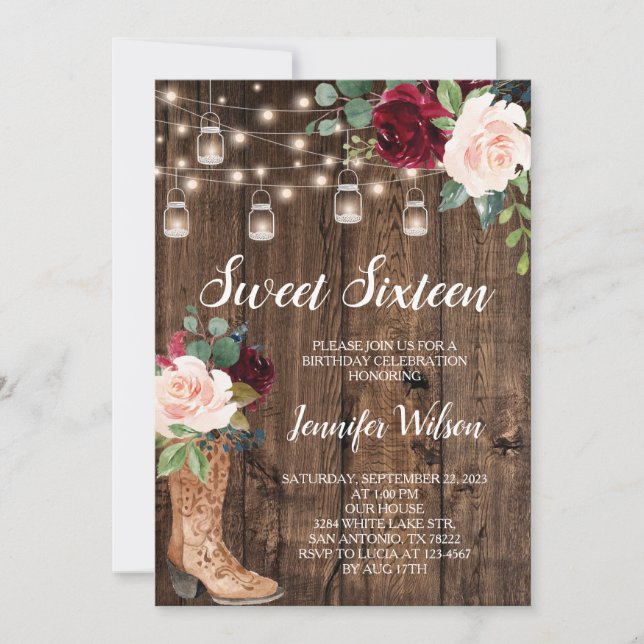 Sweet 16 Rustic Boho Floral String Lights Invitati Invitation (Front)