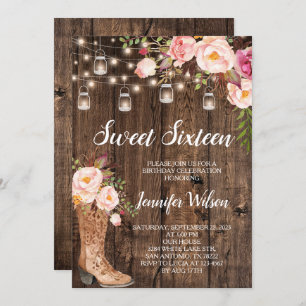 Sweet 16 Rustic Boho Floral String Lights Invitation
