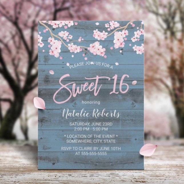 Sweet 16 Rustic Cherry Blossom Flowers Dusty Blue Invitation