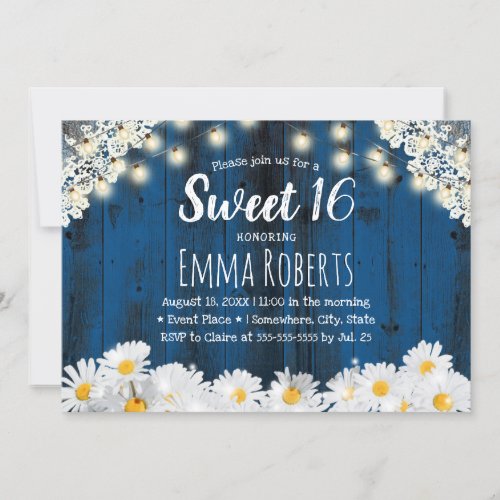 Sweet 16 Rustic Daisy Flowers String Lights Navy Invitation