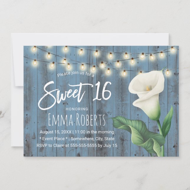 Sweet 16 Rustic Dusty Blue Barn Wood Lily Flower Invitation (Front)