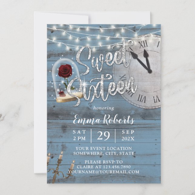 Sweet 16 Rustic Fairy Tale Dusty Blue Barn Wood  Invitation (Front)