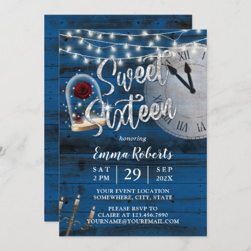 Sweet 16 Rustic Fairy Tale Navy Barn Wood Birthday Invitation