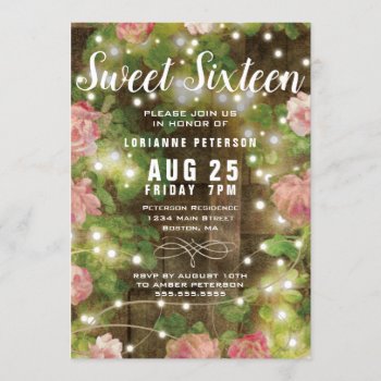 Sweet 16 Rustic Floral String Light Birthday Party Invitation by ilovedigis at Zazzle