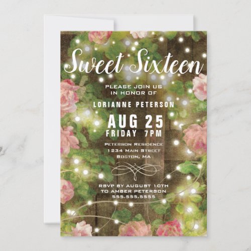 Sweet 16 Rustic Floral String Light Birthday Party Invitation