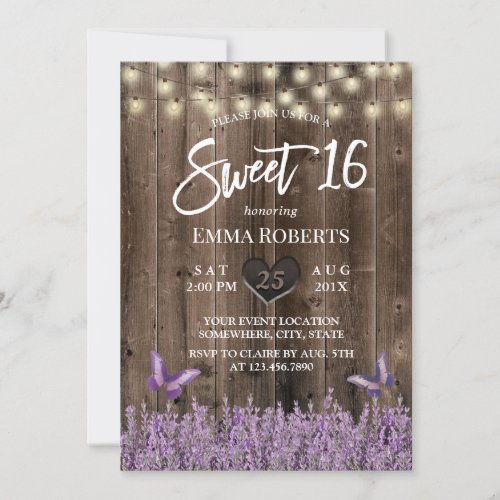 Sweet 16 Rustic Lavender Floral Classy Wood Invitation
