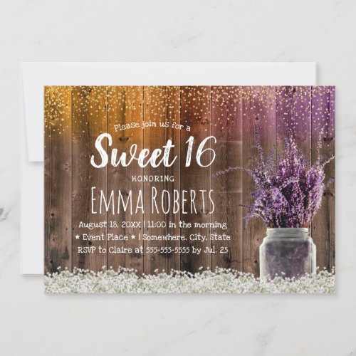 Sweet 16 Rustic Lavender Floral Jar Gold Confetti Invitation