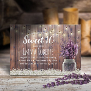Sweet 16 Rustic Lavender Floral Jar String Lights Invitation