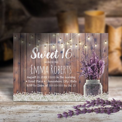 Sweet 16 Rustic Lavender Floral Jar String Lights Invitation
