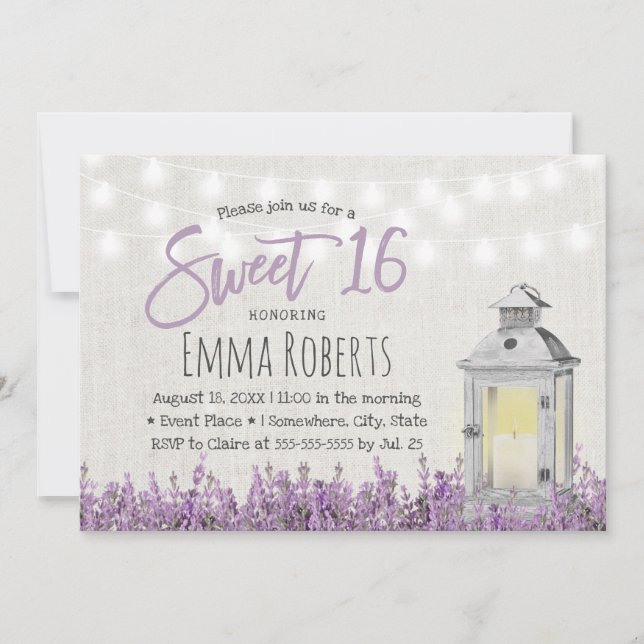 Sweet 16 Rustic Lavender Floral White Lantern Invitation (Front)