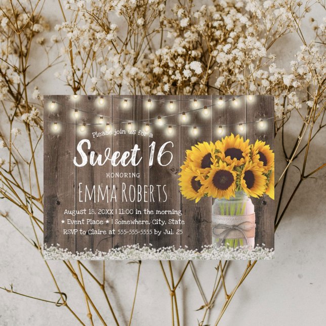 Sweet 16 Rustic Sunflower Floral Jar Barn Wood Invitation