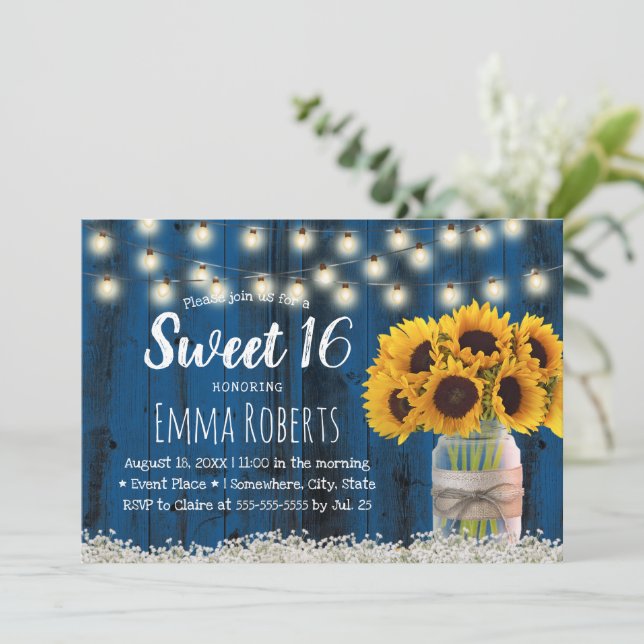 Sweet 16 Rustic Sunflower Jar Navy Barn Wood Invitation (Standing Front)
