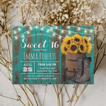 Sweet 16 Rustic Sunflower Teal Western Cowgirl Invitation by myinvitation at Zazzle