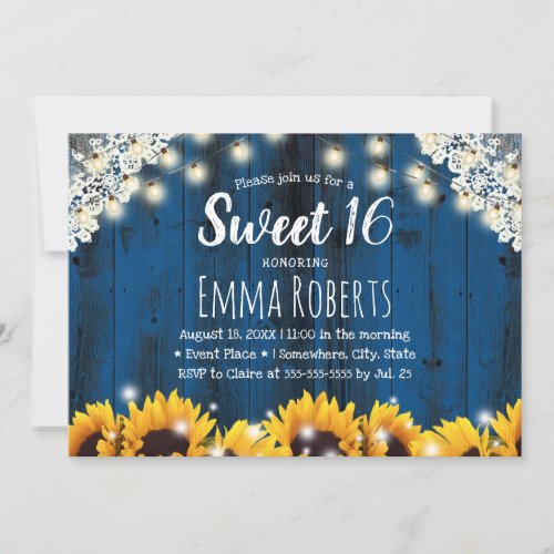 Sweet 16 Rustic Sunflowers Lace String Lights Navy Invitation